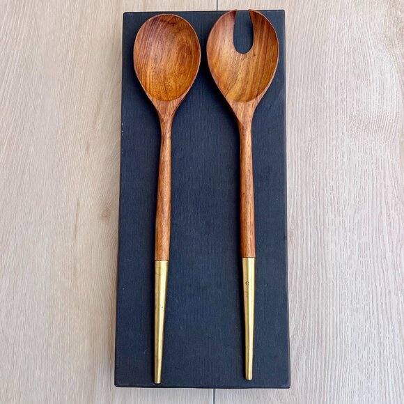 Vintage Mid-century Modern Wood Salad Servers + Box Minimalist / Retro Revival - Picture 1 of 13